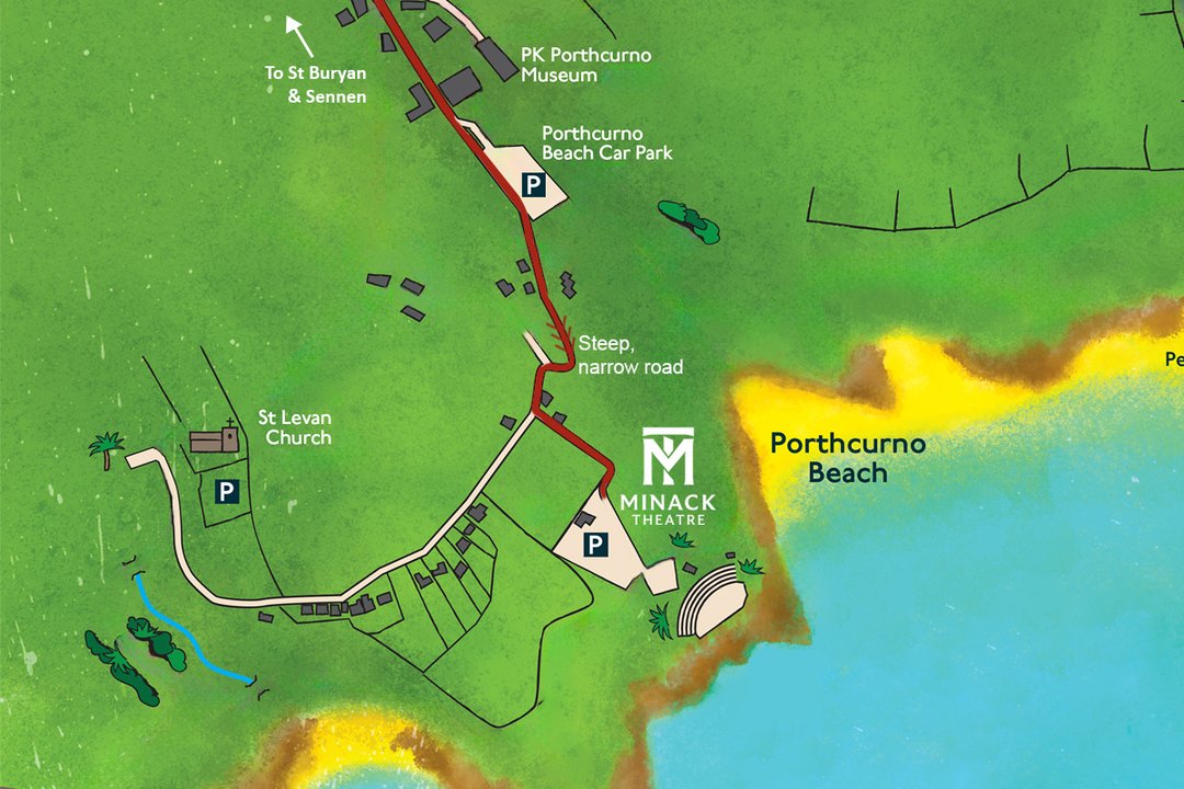 Map of parking in Porthcurno and route to the Minack