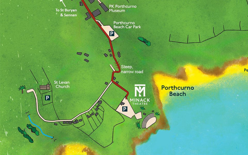 Parking in Porthcurno and route to the Minack
