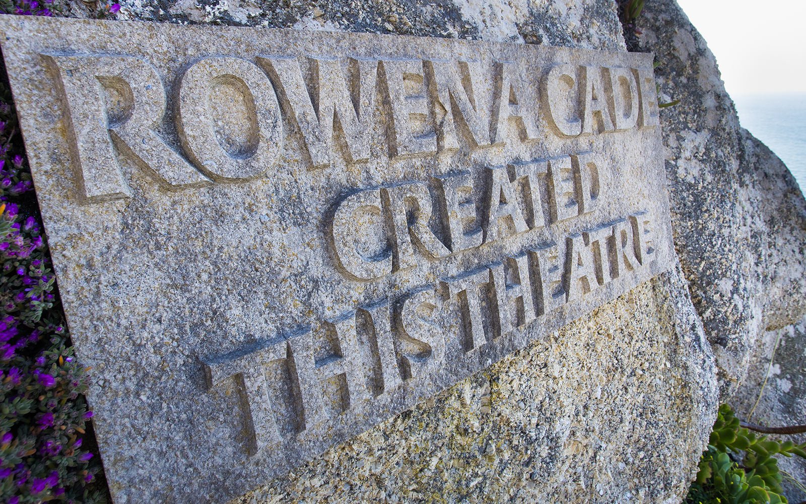 'Rowena Cade Created this Theatre' etched on concrete plaque
