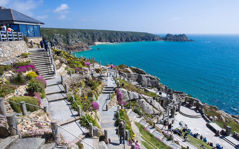 View of the Minack theatre with Porthcurno bay in background